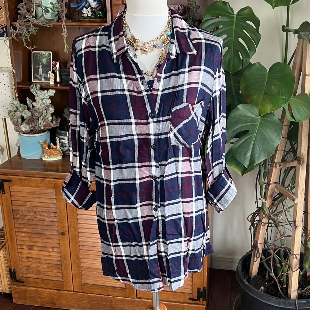 *Miami Plaid Blouse Button Down Shirt Navy/Maroon L